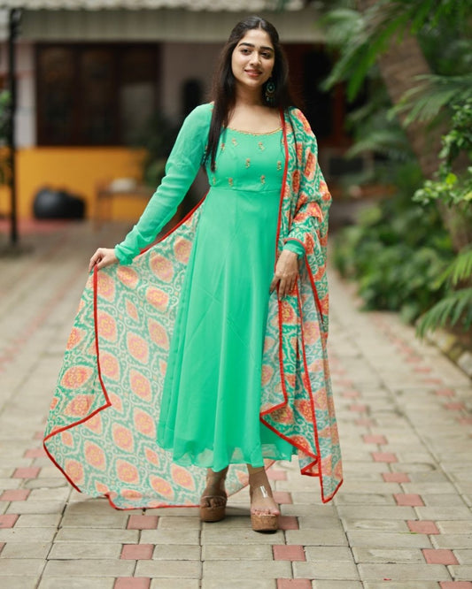 Aqua green anarkali kurta and duppata | Petals Chennai - Petals Chennai