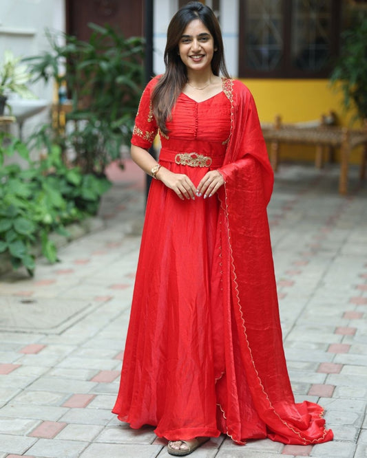 Arohi - Red floor length gown , duppata and belt | Petals Chennai - Petals Chennai