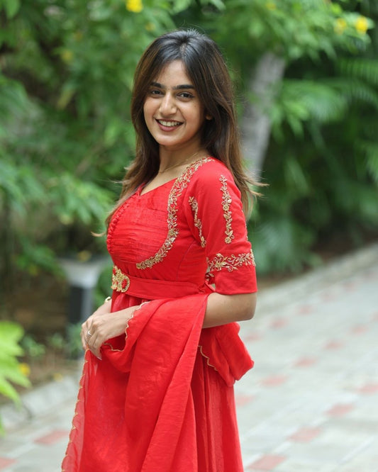 Arohi - Red floor length gown , duppata and belt | Petals Chennai - Petals Chennai