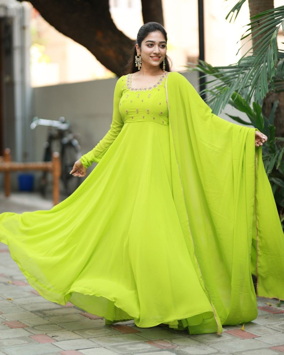 Cynthia - Parrot green anarkali gown anmd duppatta | Petals Chennai - Petals Chennai