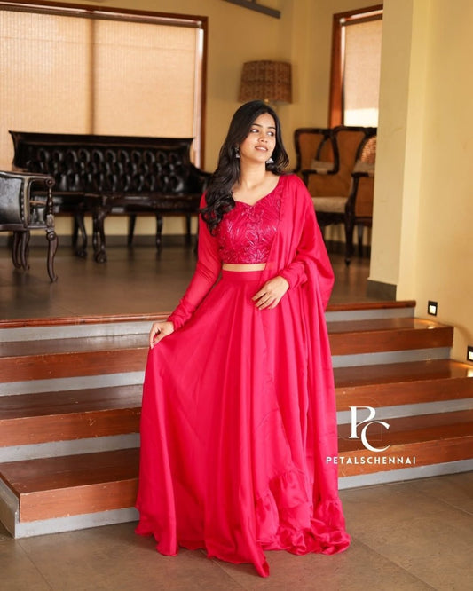 Deep rani pink crop top ,skirt and duppata | Petals Chennai - Petals Chennai