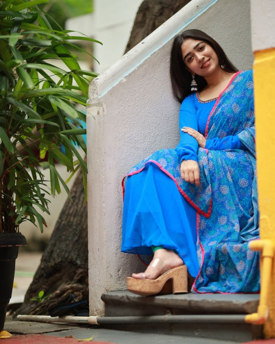 Ink blue anarkali kurta and duppata | Petals Chennai - Petals Chennai