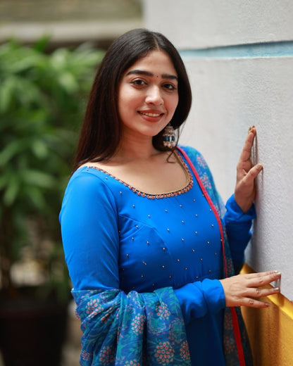 Ink blue anarkali kurta and duppata | Petals Chennai - Petals Chennai