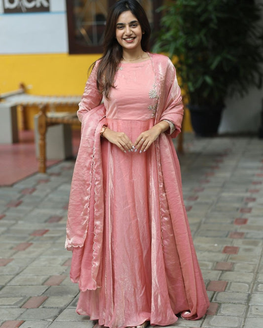 Ira - Peach floor length gown and duppata | Petals Chennai - Petals Chennai