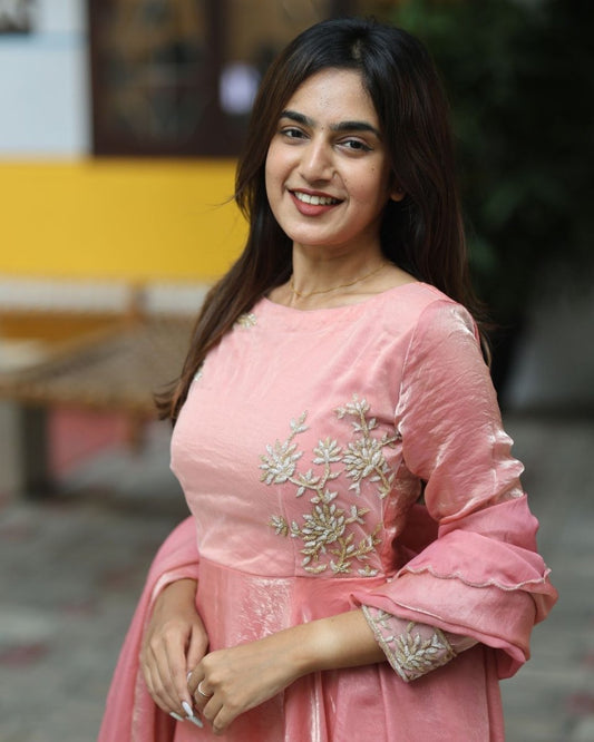 Ira - Peach floor length gown and duppata | Petals Chennai - Petals Chennai