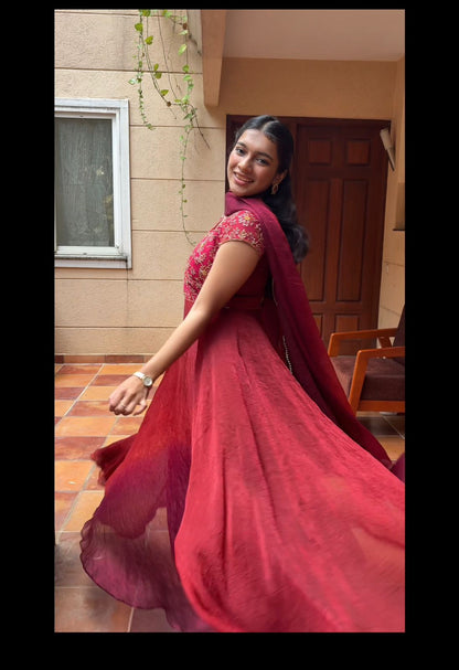 Sunithi- Maroon dual tone crush silk gown and duppata
