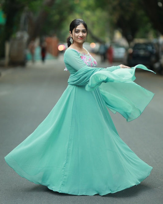 Mayuri - Powder green anarkali gown and duppata | Petals Chennai - Petals Chennai