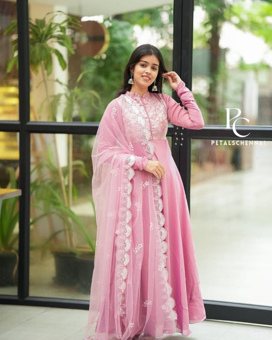 Pastel pink anarkali gown and duppata | Petals Chennai - Petals Chennai