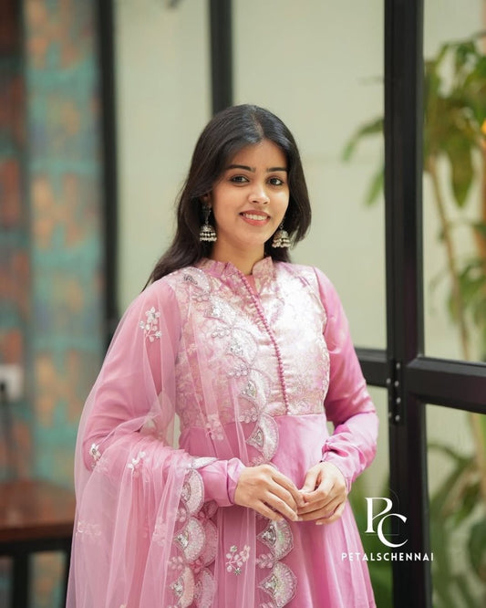Pastel pink anarkali gown and duppata | Petals Chennai - Petals Chennai