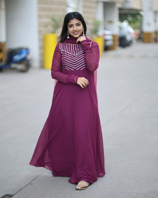 Rhea - Wine floor length gown and duppata | Petals Chennai - Petals Chennai