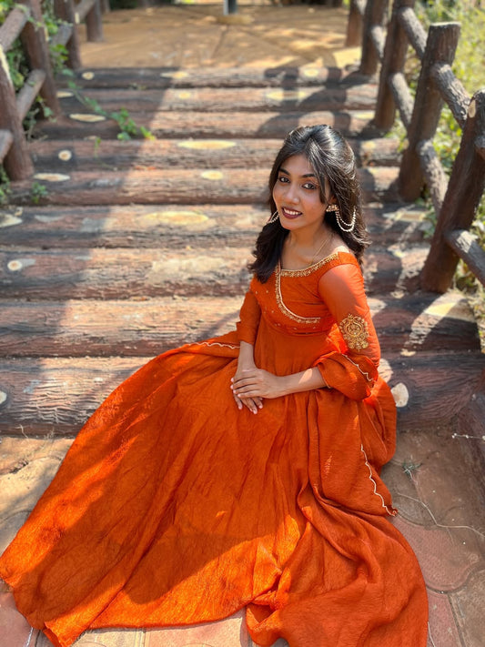 Malina - Rust Orange crush silk gown and duppata