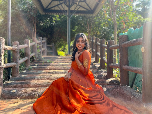 Malina - Rust Orange crush silk gown and duppata