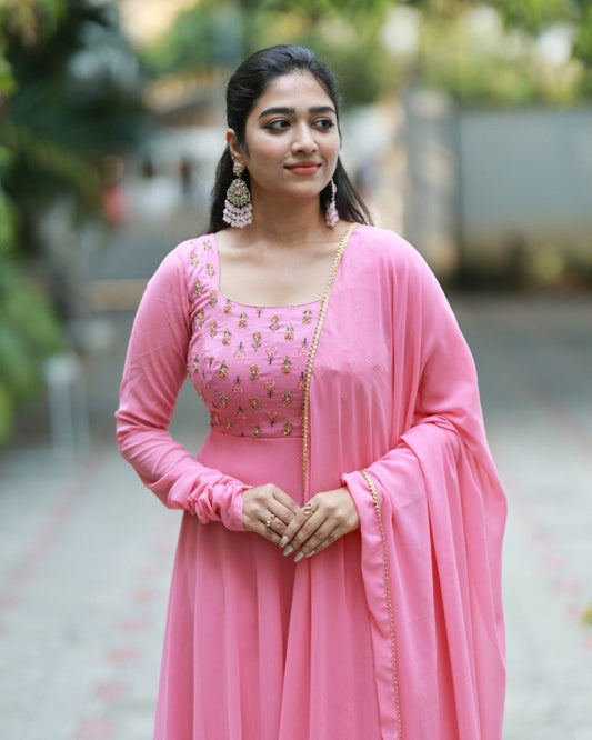 Saanvi - Pastel pink floor length gown and duppata | Petals Chennai - Petals Chennai