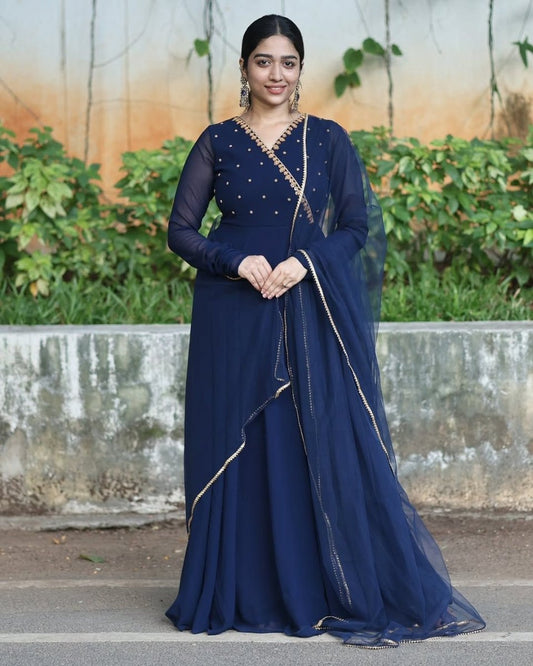Saisha - Midnight blue floor length anarkali gown and duppata | Petals Chennai - Petals Chennai