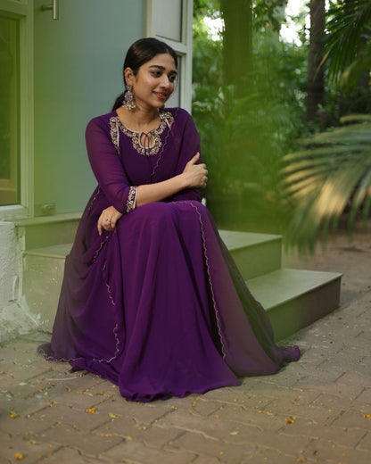 Urvi - Deep purple anarkali gown and duppata | Petals Chennai - Petals Chennai