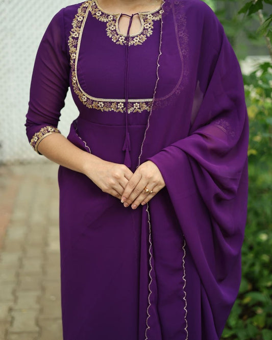 Urvi - Deep purple anarkali gown and duppata | Petals Chennai - Petals Chennai