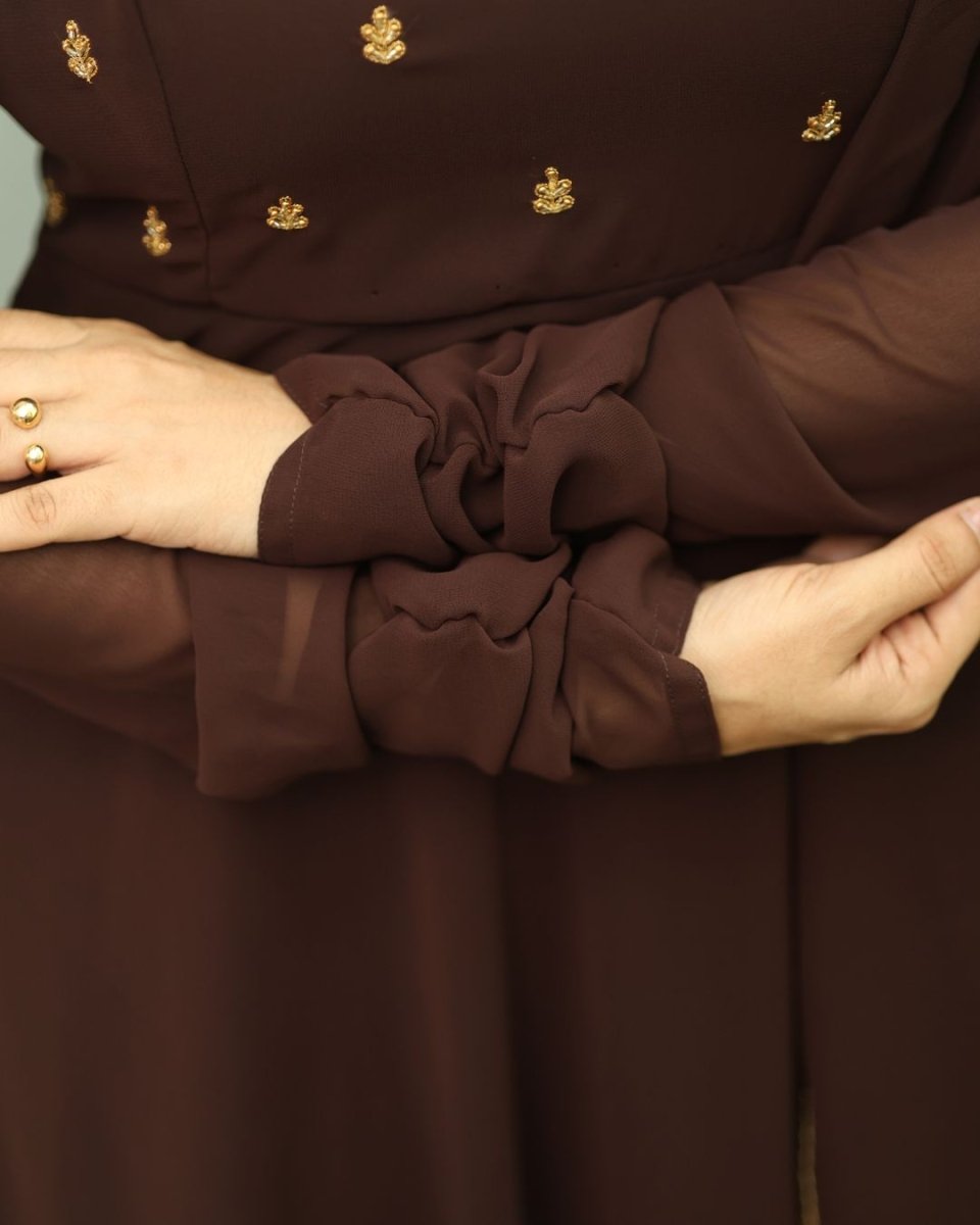 Vasunthra - Deep choclate brown floor length gown and duppata | Petals Chennai - Petals Chennai