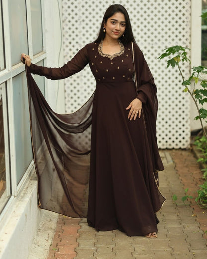 Vasunthra - Deep choclate brown floor length gown and duppata | Petals Chennai - Petals Chennai