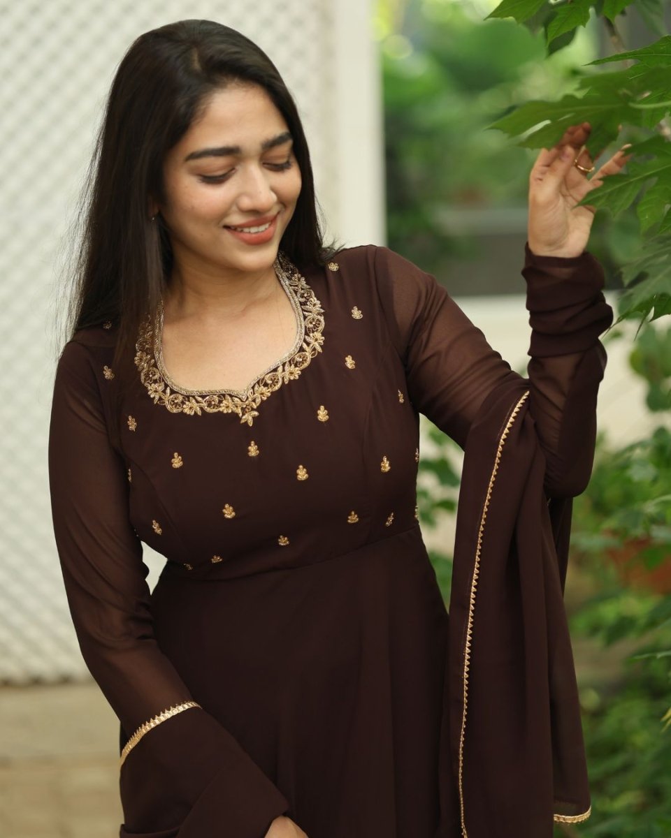 Vasunthra - Deep choclate brown floor length gown and duppata | Petals Chennai - Petals Chennai