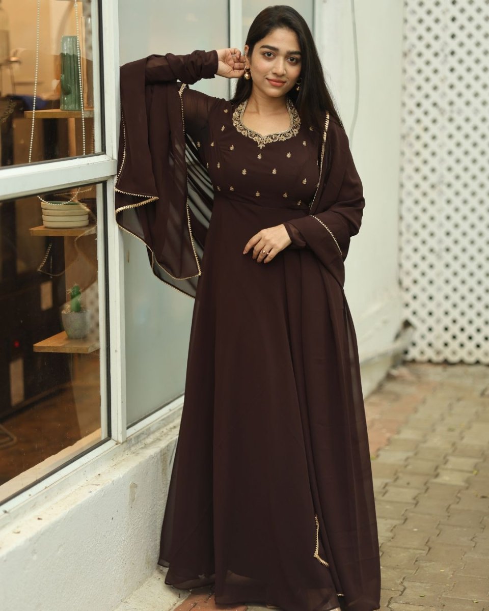 Vasunthra - Deep choclate brown floor length gown and duppata | Petals Chennai - Petals Chennai