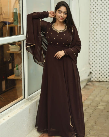 Vasunthra - Deep choclate brown floor length gown and duppata | Petals Chennai - Petals Chennai