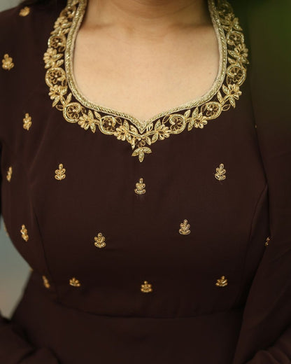 Vasunthra - Deep choclate brown floor length gown and duppata | Petals Chennai - Petals Chennai