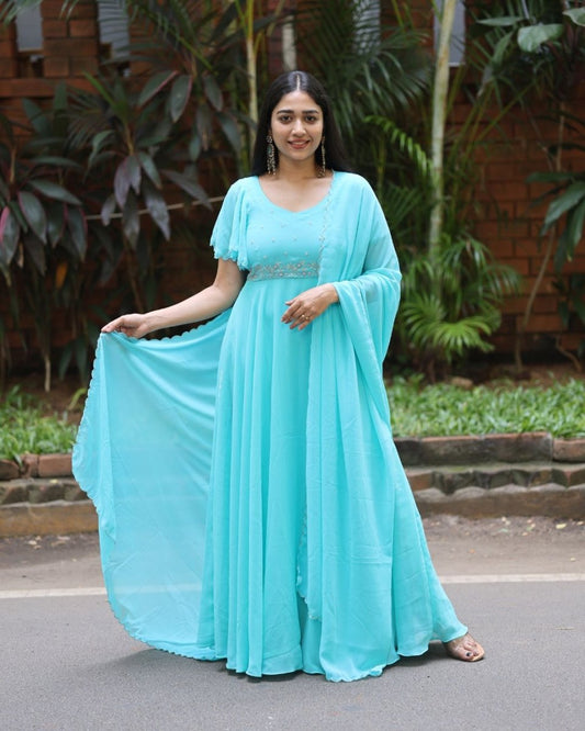 Veda - Aqua blue anarkali gown and duppata | Petals Chennai - Petals Chennai