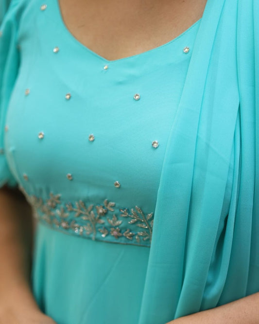 Veda - Aqua blue anarkali gown and duppata | Petals Chennai - Petals Chennai