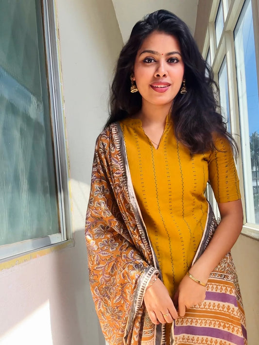 Sheetal Mustard striped yellow with collar neck and duppata
