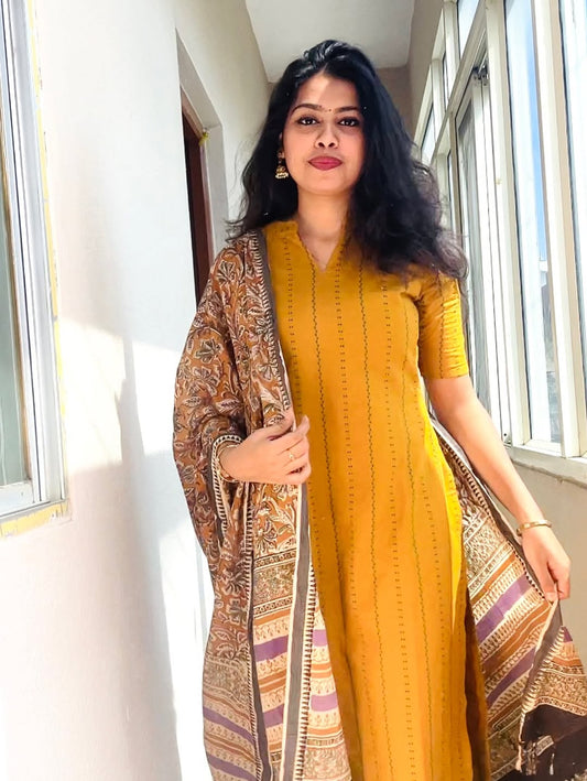 Sheetal Mustard striped yellow with collar neck and duppata