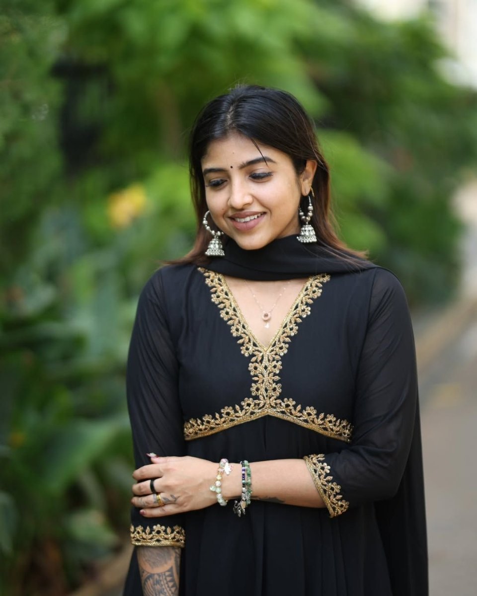 Ziya - Black with gold embellishment anarkali gown and duppata | Petals Chennai - Petals Chennai