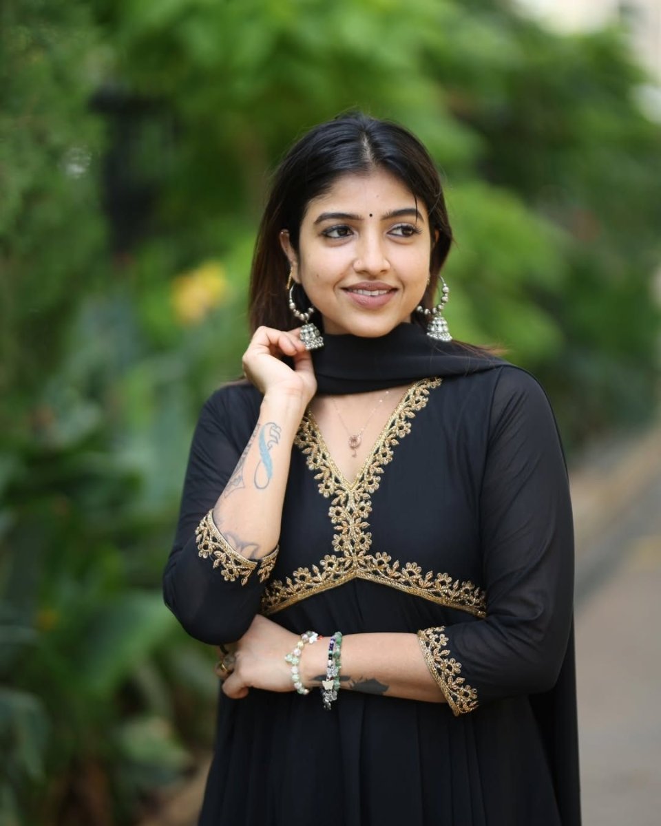 Ziya - Black with gold embellishment anarkali gown and duppata | Petals Chennai - Petals Chennai