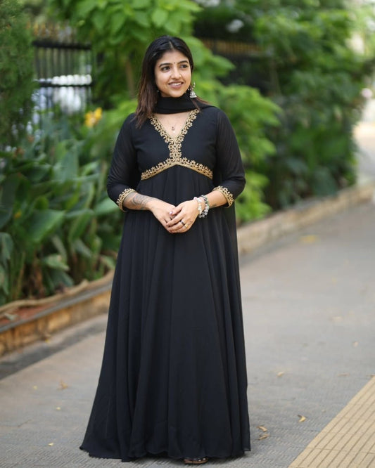 Ziya - Black with gold embellishment anarkali gown and duppata | Petals Chennai - Petals Chennai
